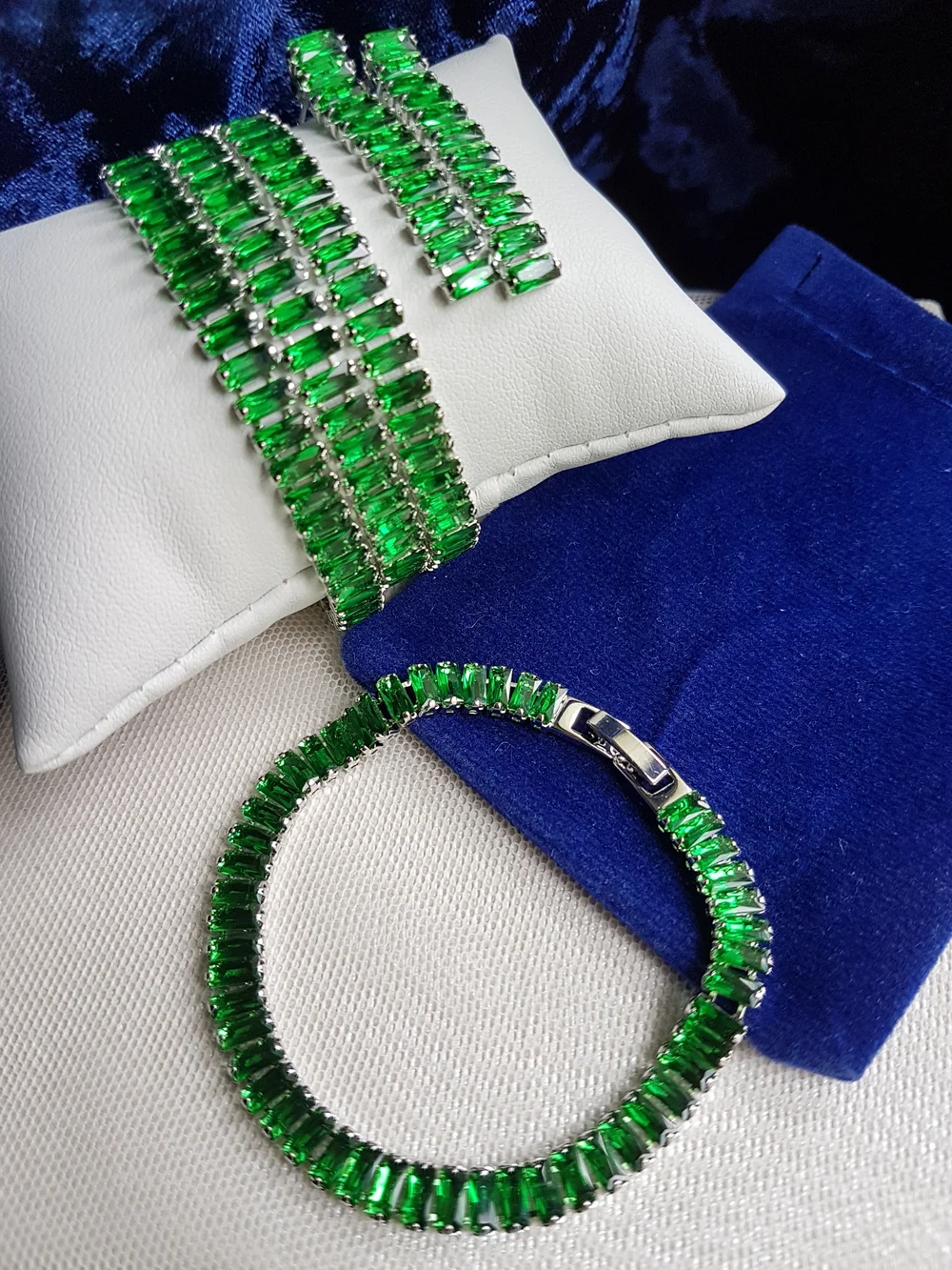 Swarovski Elements Gold Emerald Green Emerald-cut Baguette Tennis Earrings NEW